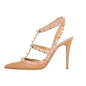 Studded Strappy Pointed-Toe Heels in Nude